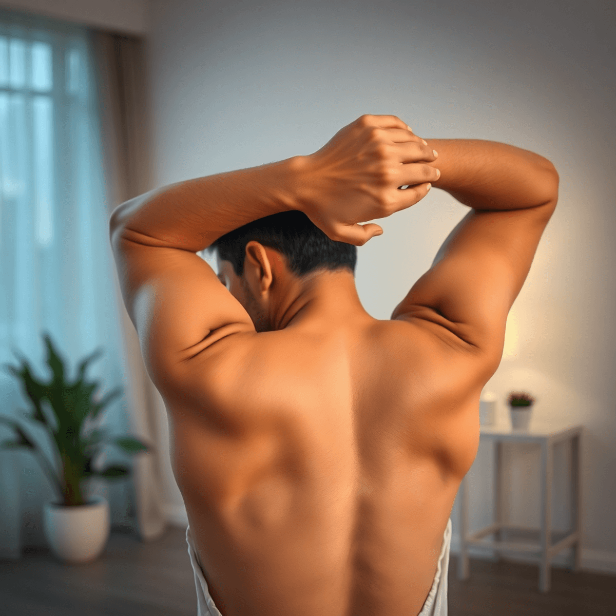 A person gently stretching their back in a serene indoor space, surrounded by soft lighting and minimalistic decor, conveying calm and mindfulness during recovery.