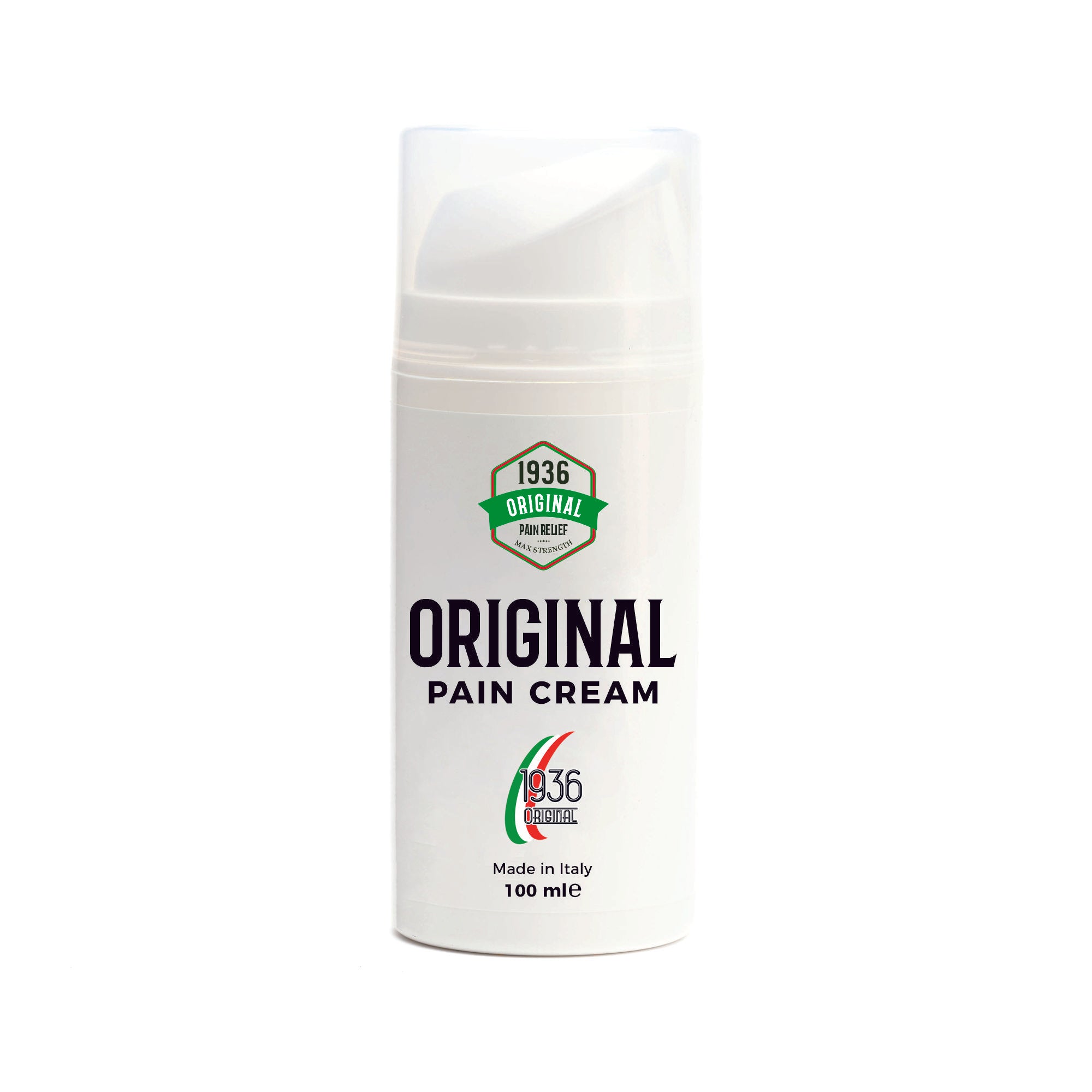 A white bottle of Original Pain Relief Cream features a green and red seal, labeled 1936 Original Pain Relief. Made in Italy with 100 ml of natural anti-inflammatory ingredients, it boasts a minimal and professional design.
