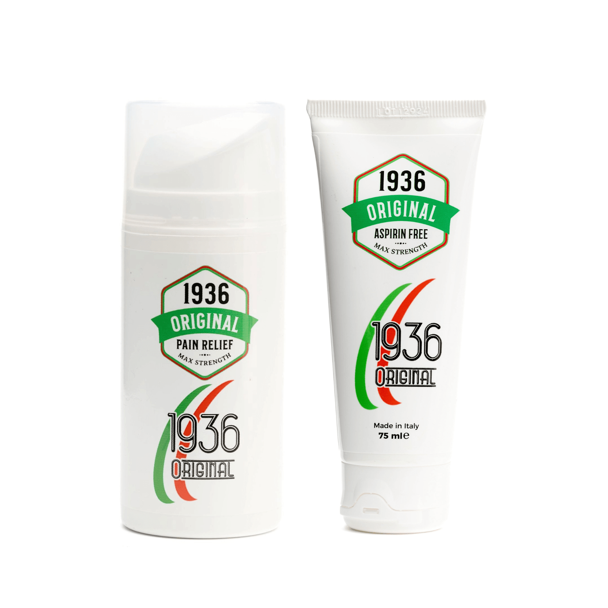 Two white tubes from the Complete Pain Relief Bundle, featuring natural ingredients, are displayed on a white background. The left tube is labeled Pain Relief and the right one Aspirin Free, both with green and red accents. Made in Italy—perfect for soothing sports injuries.