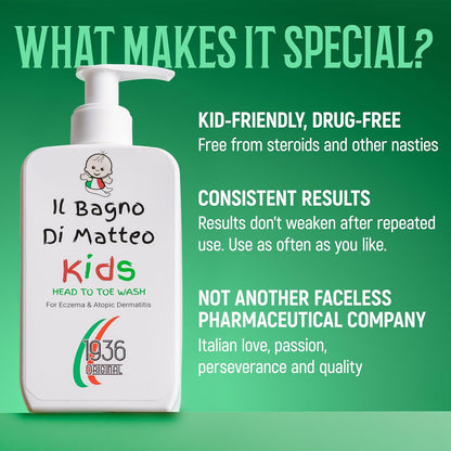 1936 Original Il Bagno Kids Body Wash, Fast Acting, Gentle Formulation, 95% Natural Ingredients, For Eczema, Psoriasis, Dermatitis & Dry Skin, 250ml