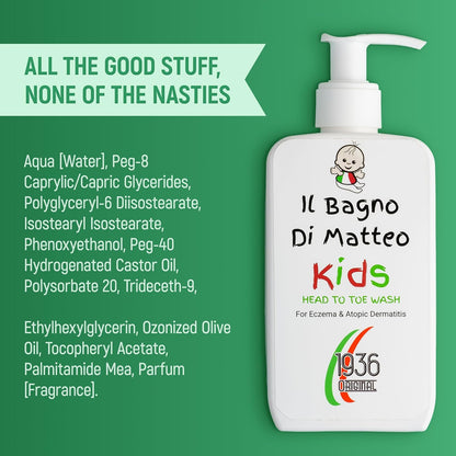 1936 Original Il Bagno Kids Body Wash, Fast Acting, Gentle Formulation, 95% Natural Ingredients, For Eczema, Psoriasis, Dermatitis & Dry Skin, 250ml