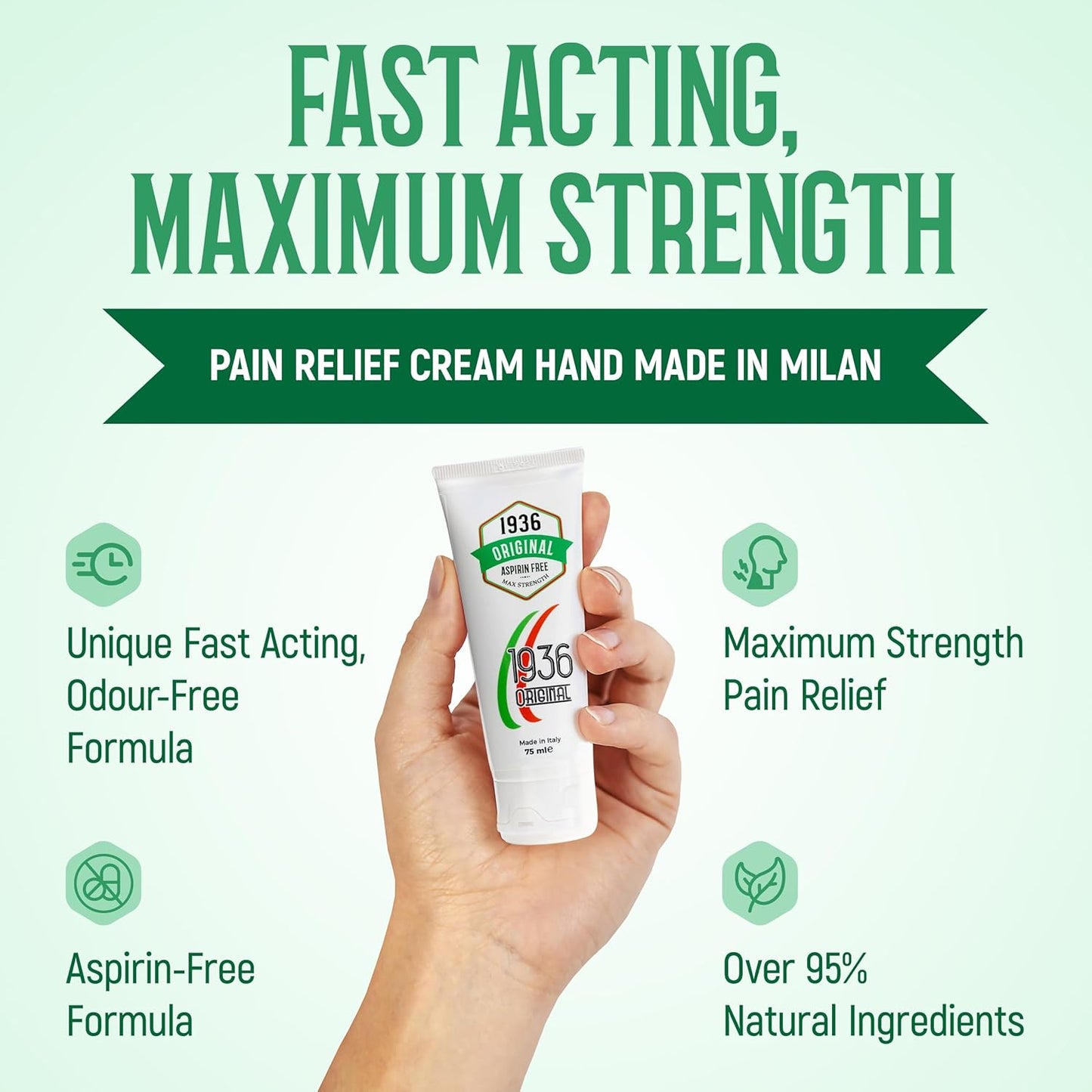 1936 Original Aspirin Free Nodol Cream, Fast Acting, 95% Natural Ingredients, Odour Free, Joint Pain, Muscle Pain, Knee, Back, Shoulder Pain Relief Gel, 75ml